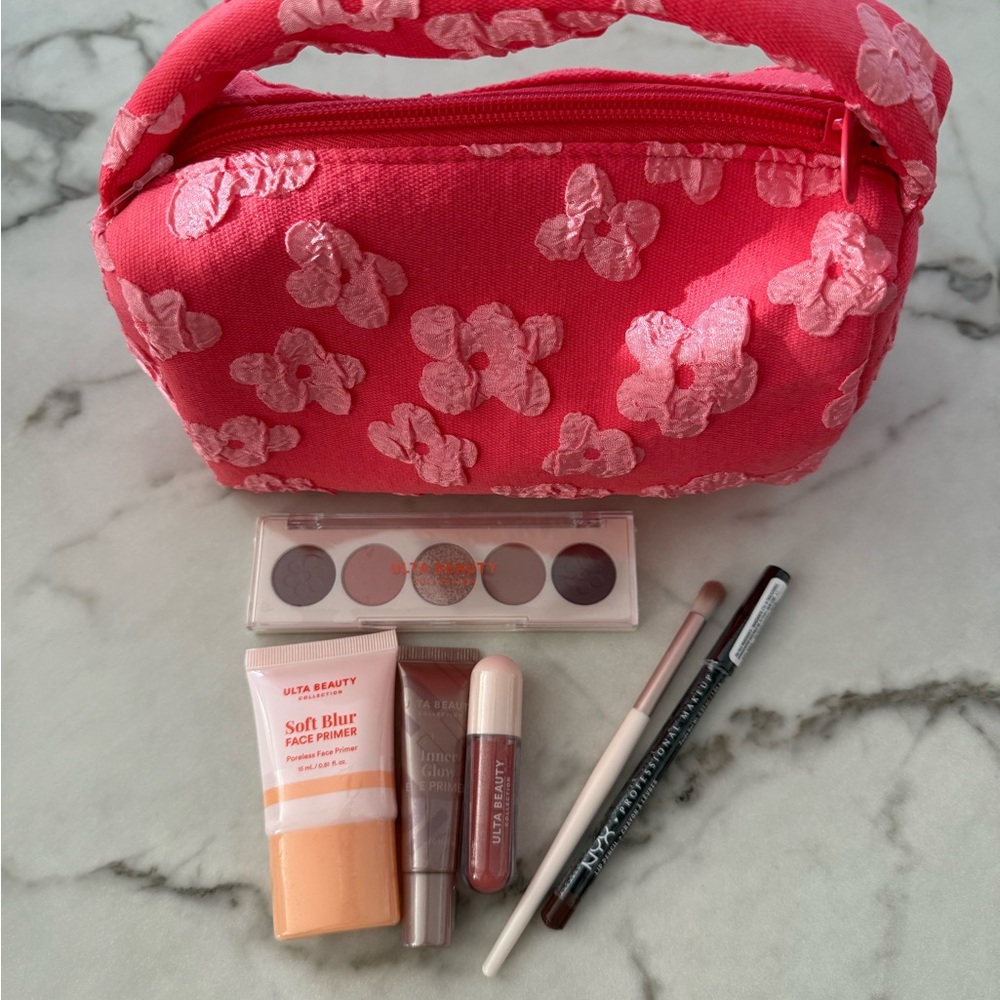 Pink Floral Cosmetic Bag with Makeup Set